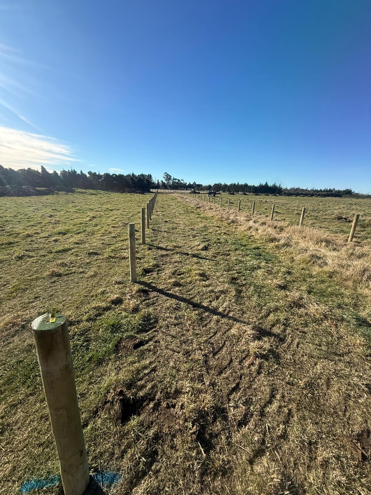 A fence line part built, posts in and rails going on